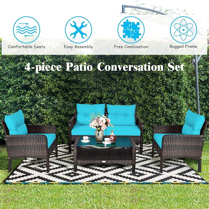 Tangkula 4 Piece Patio Furniture Set, Outdoor Wicker Conversation Set - Image 8