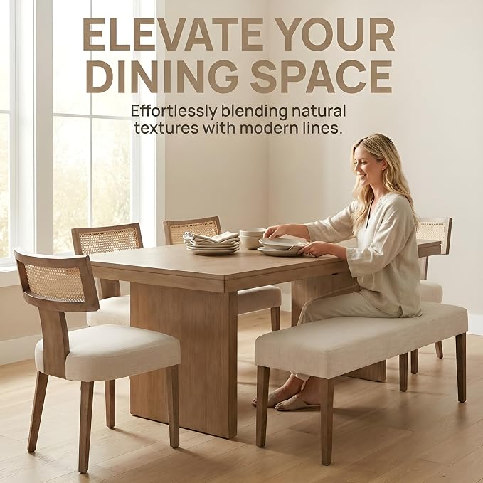 HNY Mid Century Modern Rattan Dining Chairs Set of 6, Farmhouse Linen - Image 7
