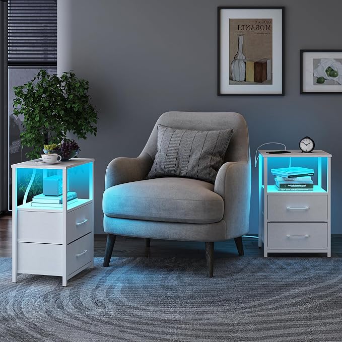 TUTOTAK LED End Table with Charging Station, Nightstand with Cloth Drawer - Image 2
