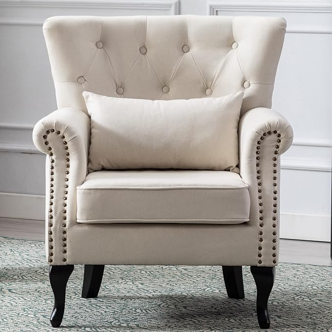 Mid Century Modern Accent Chair Upholstered Armchair Comfy Linen Fabric Single by Janoray
