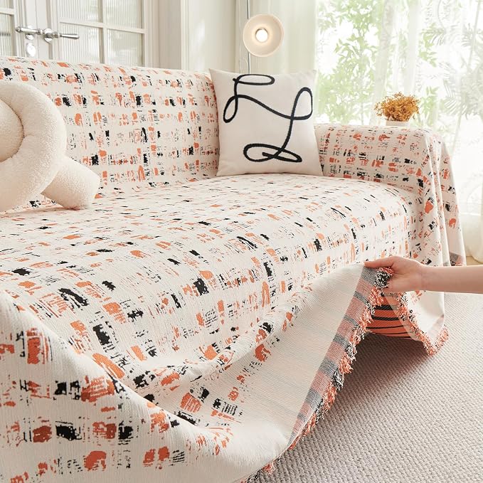 DREAMINGO Abstract Chenille Couch Cover Blanket Beige Orange Black Boho Sofa - Image 4