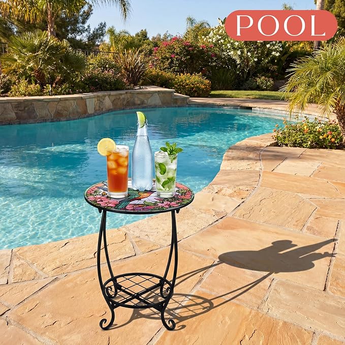 Cinnvoice Outdoor Side Table Round Small Mosaic Patio Accent Indoor End Plant - Image 7