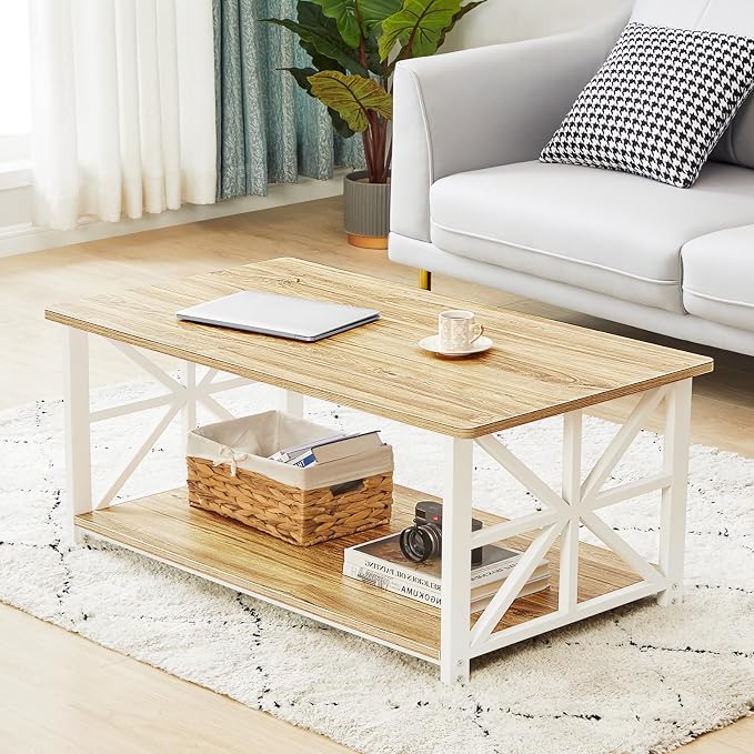 GreenForest Coffee Table with Round Corner, Farmhouse Center Table with 2-Tier - Image 8