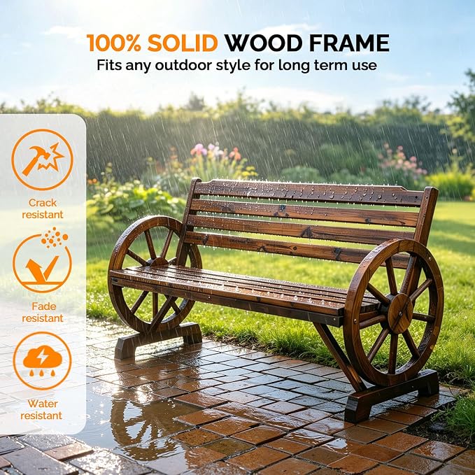 VINGLI Rustic Wooden Wheel Bench Outdoor Bench, Patio Bench Wagon Slatted Seat - Image 6