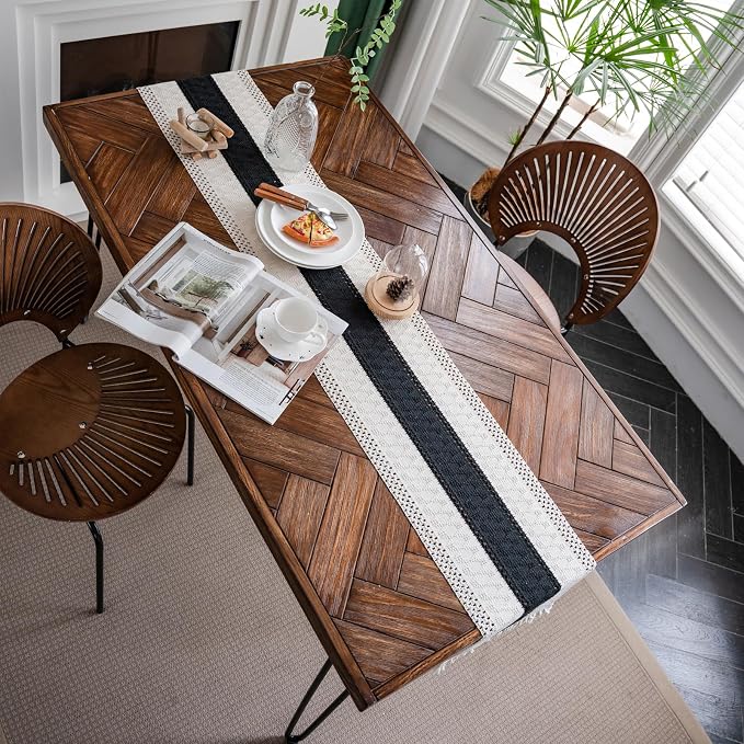 Macrame Table Runner Cream Beige and Black Boho Table Runners - Image 6