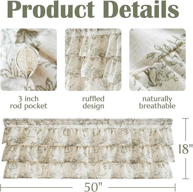 jinchan Ruffled Floral Valance Linen Shabby Chic Small Window Curtain 18 Inch - Image 8