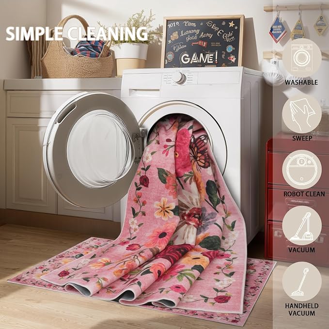 Pink Floral Girls Room Rug 4x6, Non-Slip Washable Rugs - Image 7