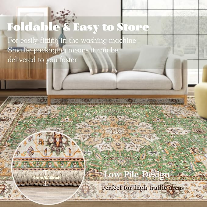 Area Rug 8x10 Washable Rug, Vintage Boho Medallion Rugs Non-Slip Soft Low Pile - Image 6