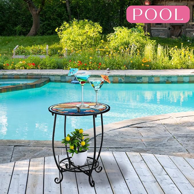 Cinnvoice Outdoor Side Table Round Small Mosaic Patio Accent Indoor End Plant - Image 5