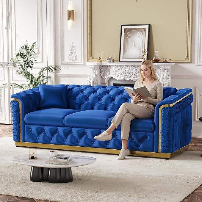 Luxury Chesterfield Sofa Set of 2, Velvet Tufted Couch Victorian Black and Gold - Image 3