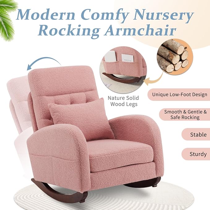 VINGLI Teddy Fleece Low Seat Rocking Chair, Boucle Upholstered Nursery Glider - Image 3