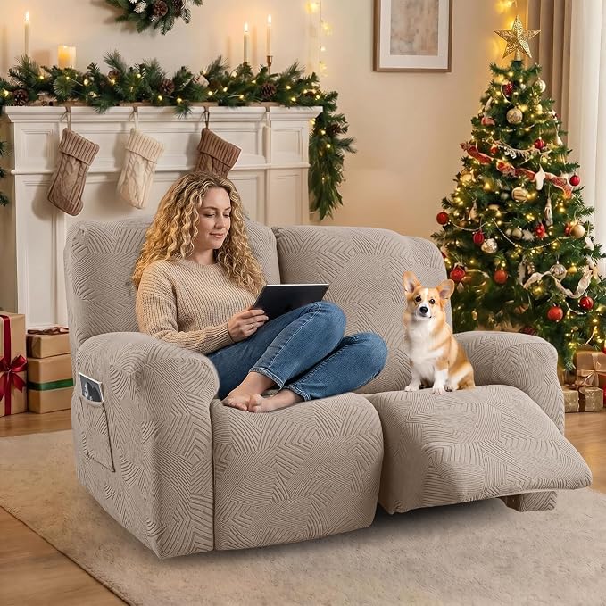 Recliner Loveseat Covers with Console, 6-Piece Stretch Geometric Strokes - Image 5