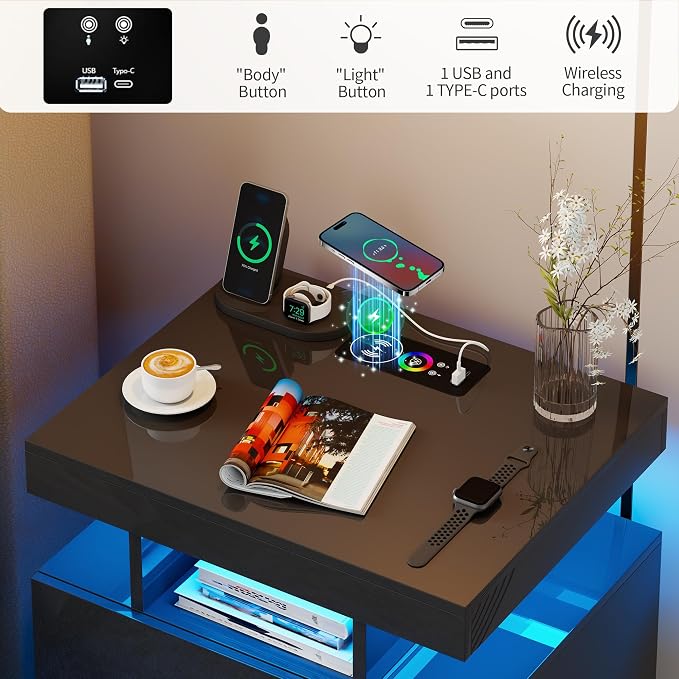 Smart Night Stand with Charging Station, Modern Black Nightstand with 24 Color - Image 7