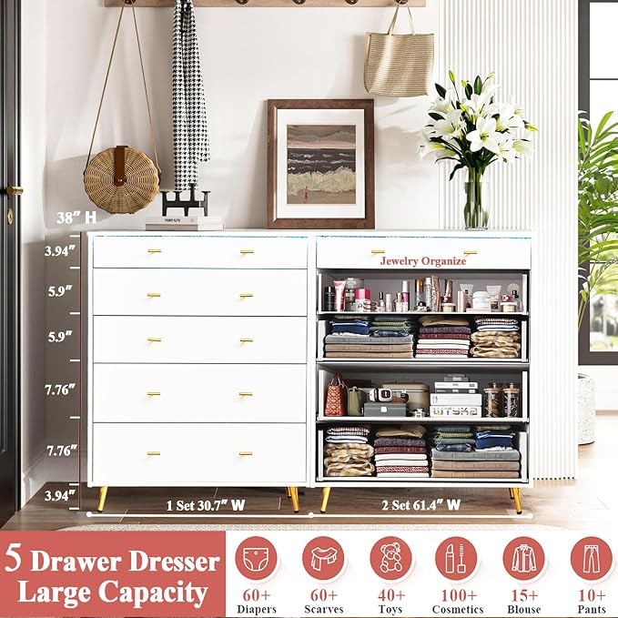 5 Drawer Dresser for Bedroom, 30.7" W x 38" H Tall Tempered Glass Top Dresser - Image 6