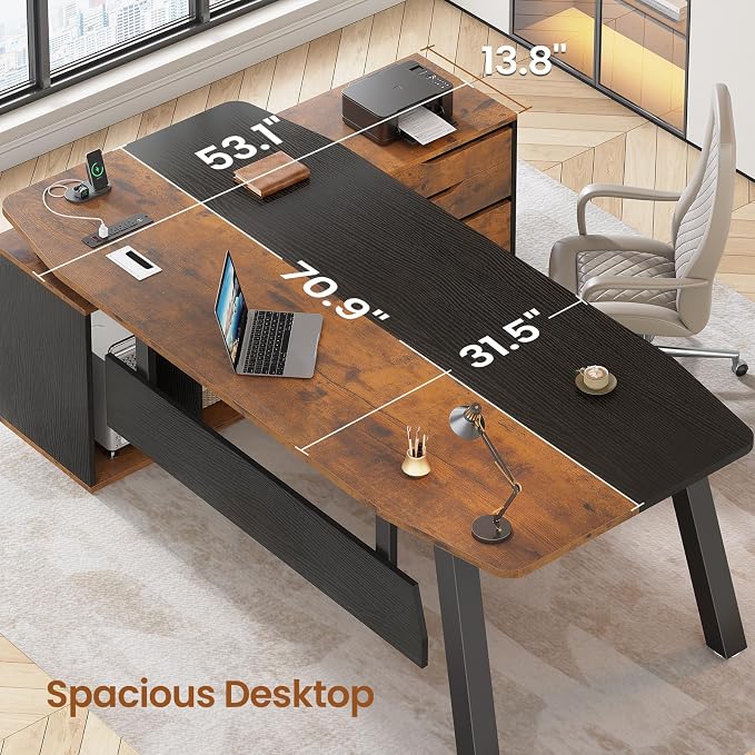 SEDETA 71" Executive Desk with File Cabinet, Large Office Desk with Drawers and - Image 3