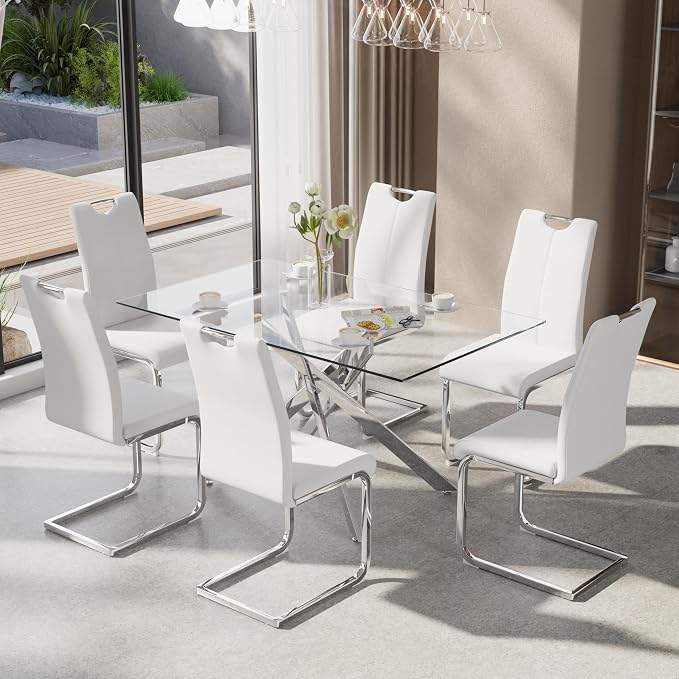 7-Piece Dining Table Set for 6, Modern Rectangular Glass Table by KATBOCFurniture