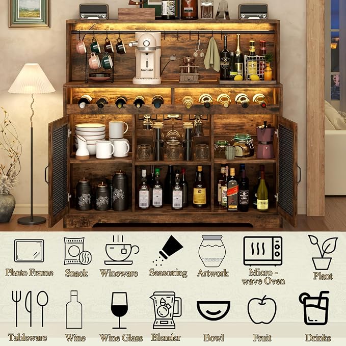 Loomie Wine Bar Cabinet with LED Light, Liquor Cabinet with Glass Holder - Image 7