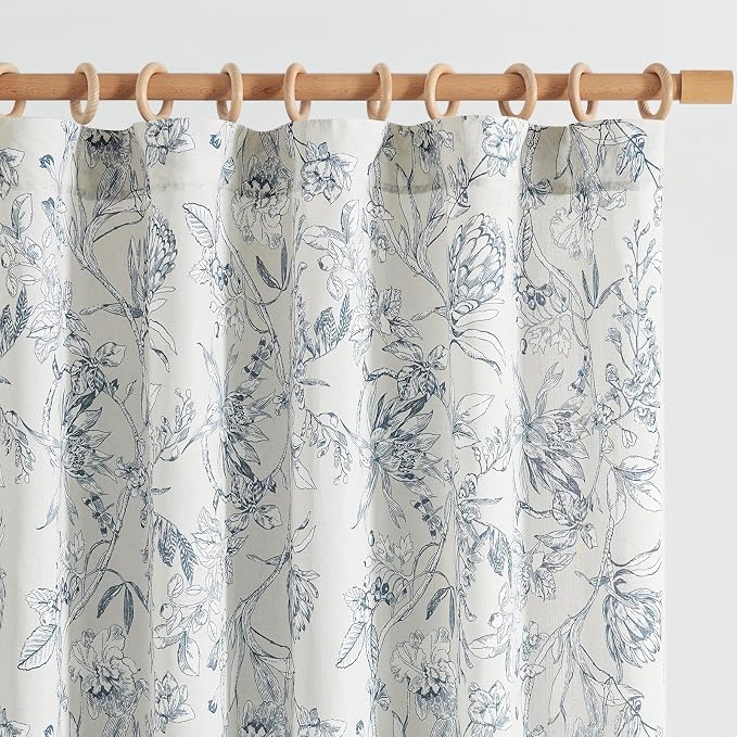 jinchan Floral Curtains 96 Inches Long Blue Flower Linen Farmhouse Curtain by JINCHAN
