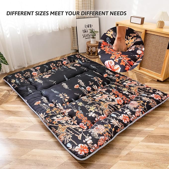 MAXYOYO Black Floral Japanese Futon Floor Mattress, Mattress Topper Portable - Image 4