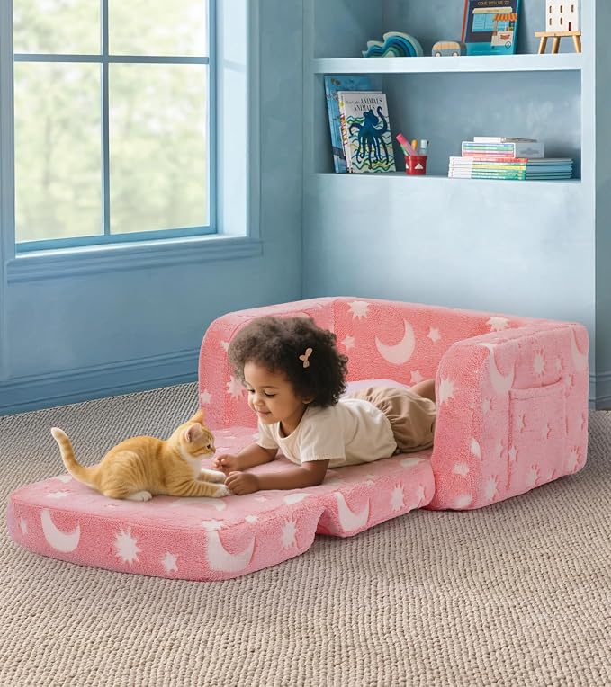 Kids Couch, 2-in-1 Soft Toddler Couch Fold Out - Image 2