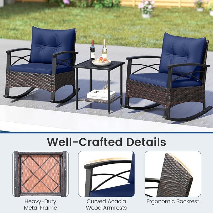 Tangkula 3 Piece Rattan Rocking Chair Set, Patio Rocker Bistro Set w/Acacia - Image 8