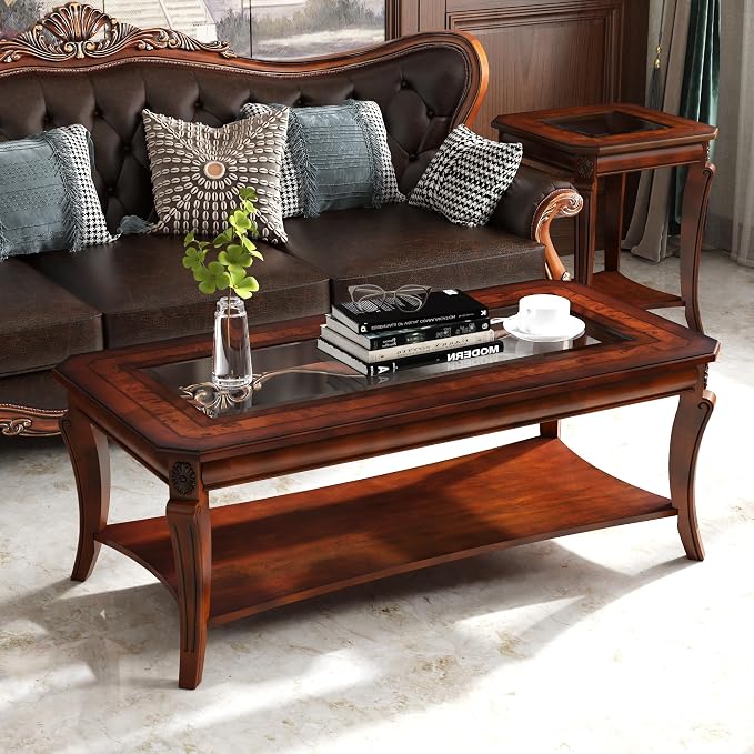 Coffee Table with Tempered Glass Top and Storage Shelf, Farmhouse Living Room by MODERION-YourHomeSoulMate