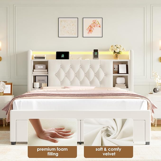 Full Bed Frame with Drawers, Hidden-Cubby & Shelves Storage Headboard with - Image 6