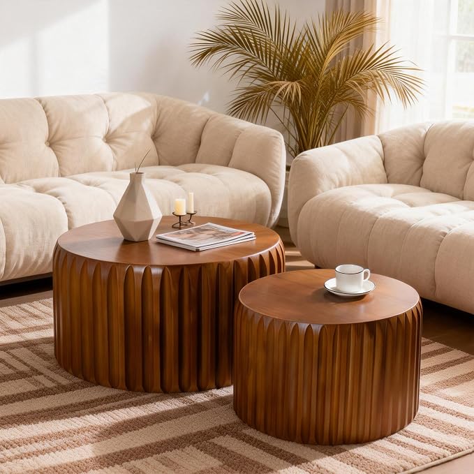 Round Nesting Coffee Table Set of 2, Mid Century Modern Wood Fluted Coffee Table by Vulacko