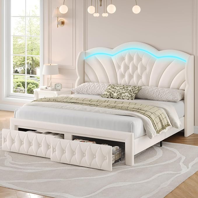Keyluv Full Bed Frame Arc-Shaped LED Lights and 47.2" Height Wingback Bed by KeyluvHome