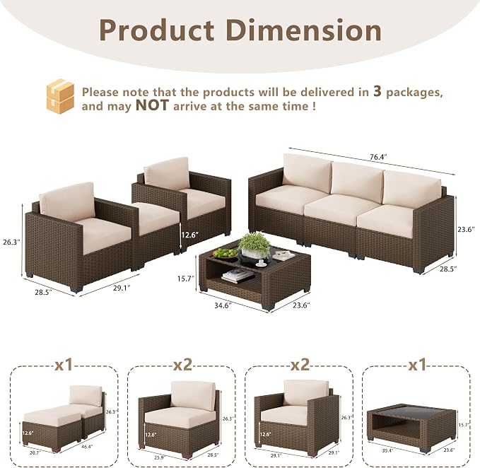 LOUVIXA 7 Piece Outdoor Patio Furniture Set, Rattan Chairs Glass Table Wicker - Image 2