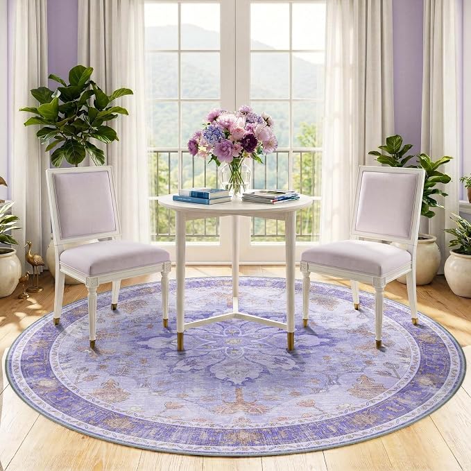 RELEANY Area Rugs Round 5ft Washable Non-Slip, Floral Vintage Distress Print - Image 2