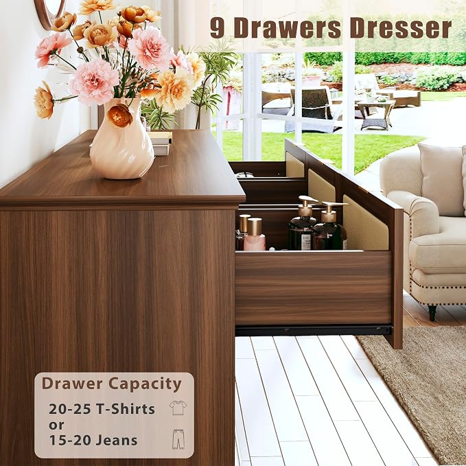 HUAHUU 9 Drawer Dresser for Bedroom, 60 Inch Long Dressers & Rattan Chest of - Image 4