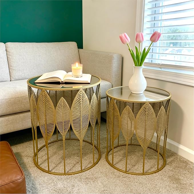 Homebeez Gold Nesting Tables Set of 2, Glam Leaf Design Round End Table - Image 4