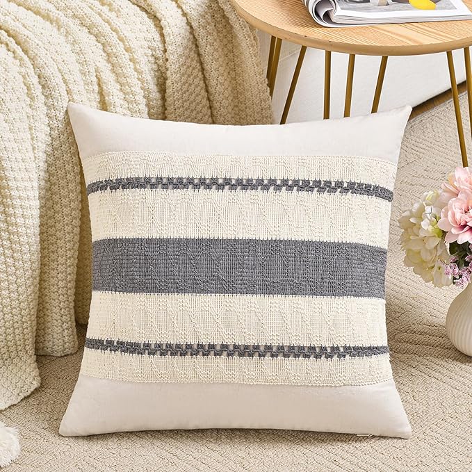 Fancy Homi Set of 1 Neutral Grey Farmhouse Decorative Throw Pillow Covers 18x18 by Fancy+Homi