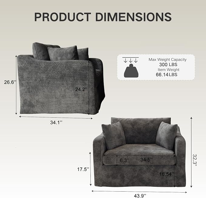 Oversized Armchair, 43.9" W Chenille Single Sofa Modern Upholstered Deep Seat - Image 2