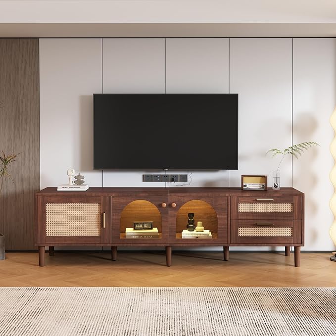 Merax Rattan TV Stand with LED Lights, Solid Wood Feet, Living Room, Bedroom - Image 7