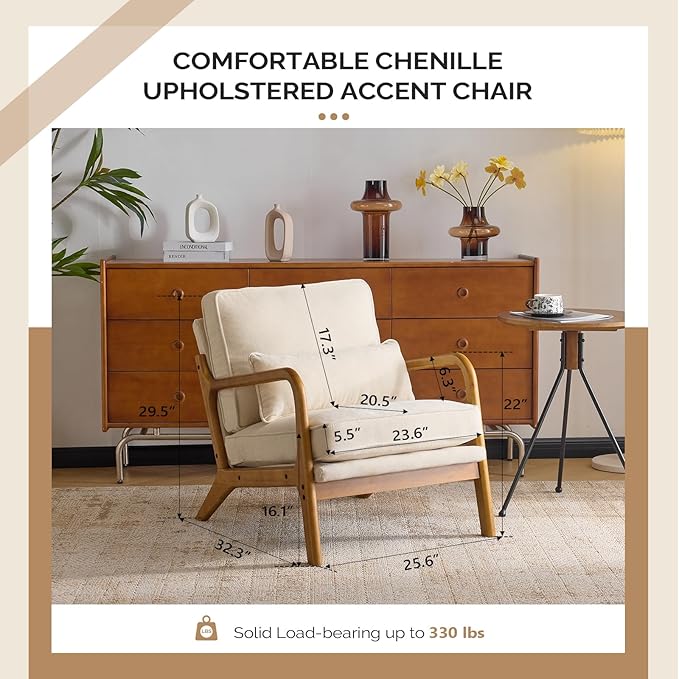 VINGLI Chenille Mid-Century Modern Accent Chair Set of 2, Cute Reading Arm Chair - Image 2