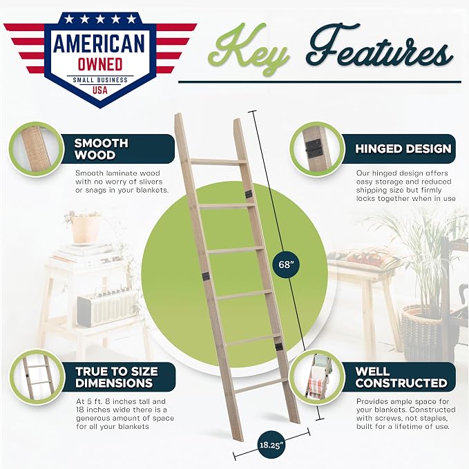 Blanket Ladder for Living Room and Bedroom, 5ft 8 inch, 6-Tier Wall Leaning - Image 2