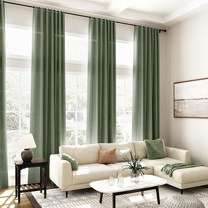 Olive Green Linen Sheer Curtains 63 Inch Length 2 Panel Set Back Tab Rod Pocket - Image 7