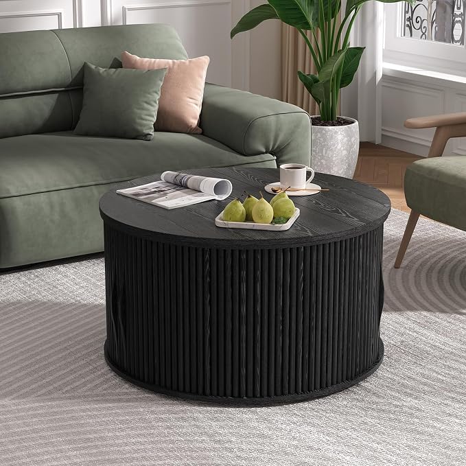 JOINICE 31.5" Black Round Lift Top Coffee Table, Modern Fluted Drum Center Table - Image 6