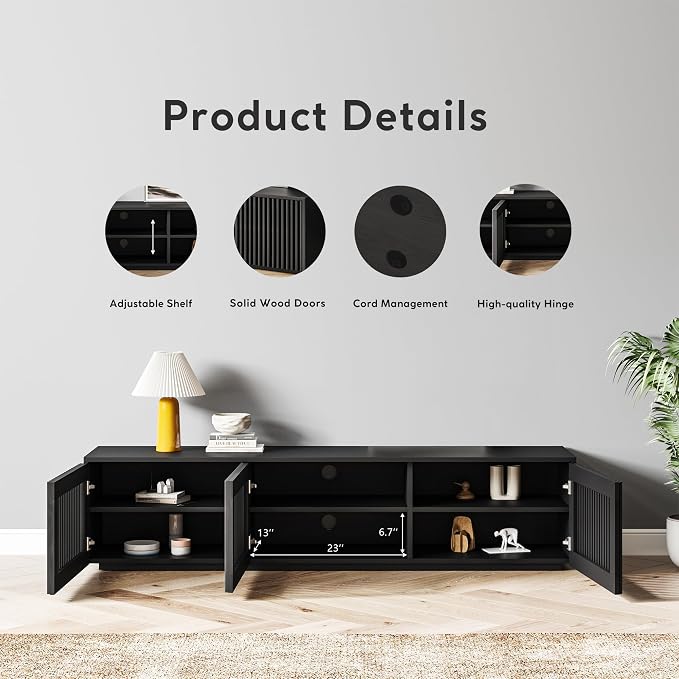POVISON Full Assembled Mid Century Modern TV Stand, Wood Slatted Media Console - Image 4