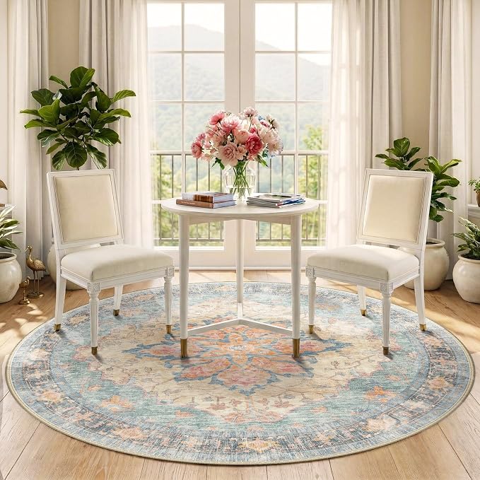 RELEANY Area Rugs Round 5ft Washable Non-Slip, Floral Vintage Distress Print - Image 2