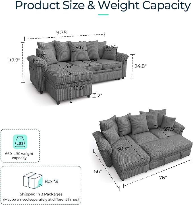 LINSY HOME 90.5'' Sectional Sleeper Sofa - Image 2