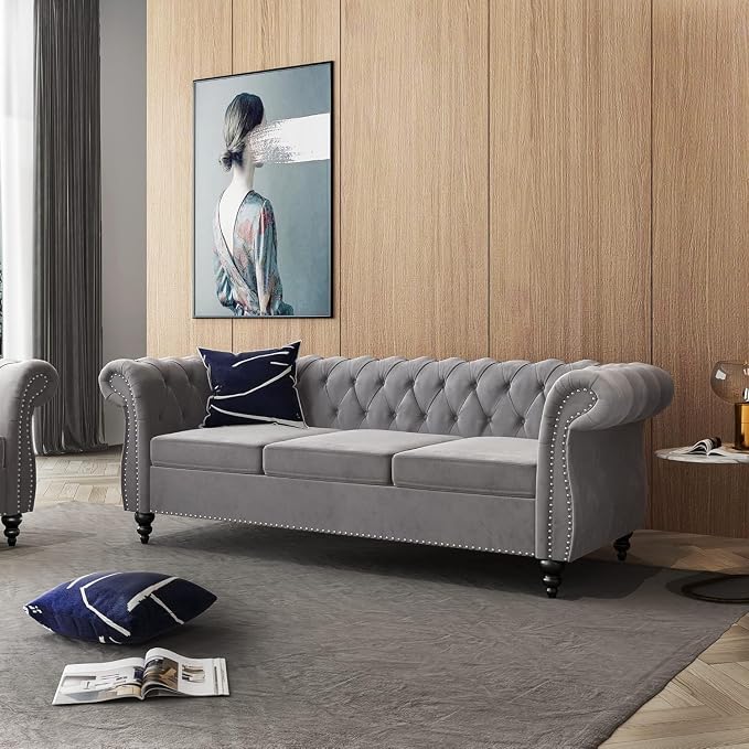 Mid-Century 3 Seater Sofa, Velvet Couch - Image 7