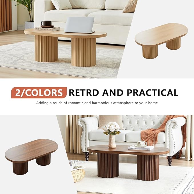 Oval Fluted Coffee Table, Farmhouse Wood Coffee Table Mid Century Modern Center - Image 7
