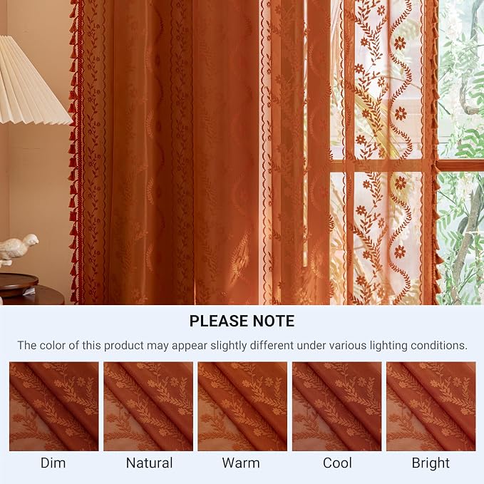 WAZZIO Boho Lace Curtains 96 Inch 2 Panels-Vintage Sheer Panel Drape Floral - Image 8