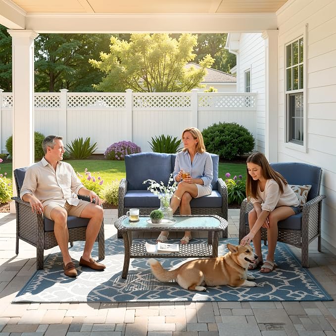 Weaxty Wicker Patio Furniture Set High Back Loveseat Sofa Couch Armchair Coffee - Image 9