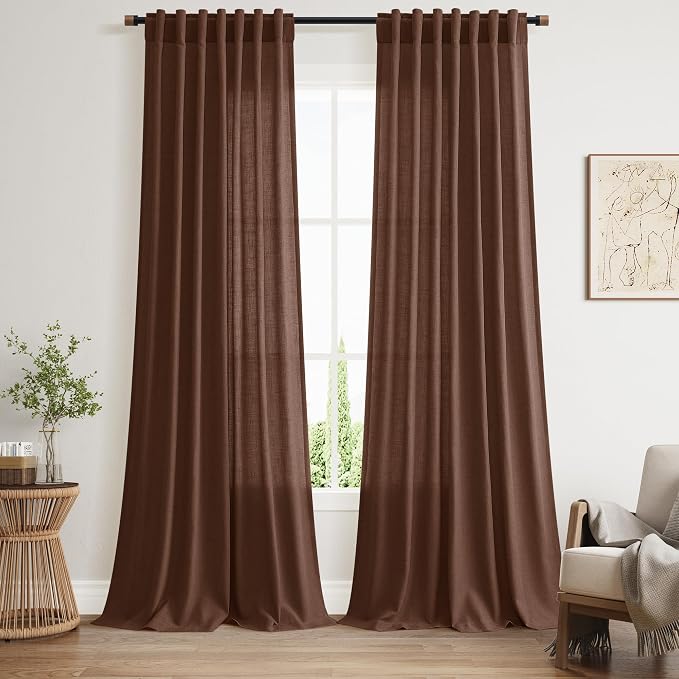 Mocha Brown Linen Curtains Semi Sheer96 Inches 2 Panels by Nanspring