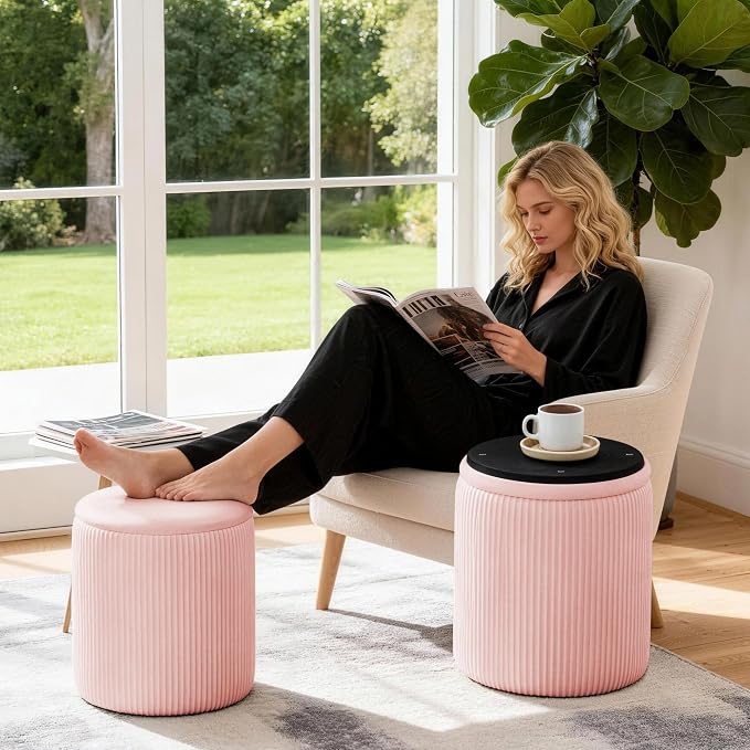 Set of 2 Round Storage Ottomans, Velvet Footstool Pouf - Image 4