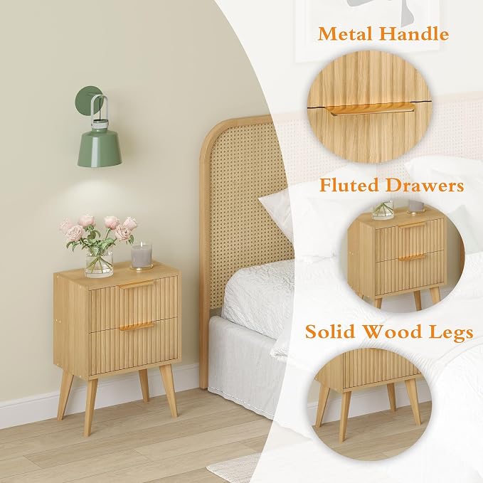 YAUKOMEL Fluted Nightstand, Small Bedside Table, Natural Wood Night Stand - Image 7